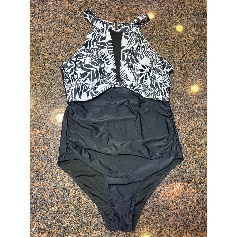 Tempt Me Black White One Piece High Neck Tummy Control Bathing Suit Size M NWT - Picture 16 of 16